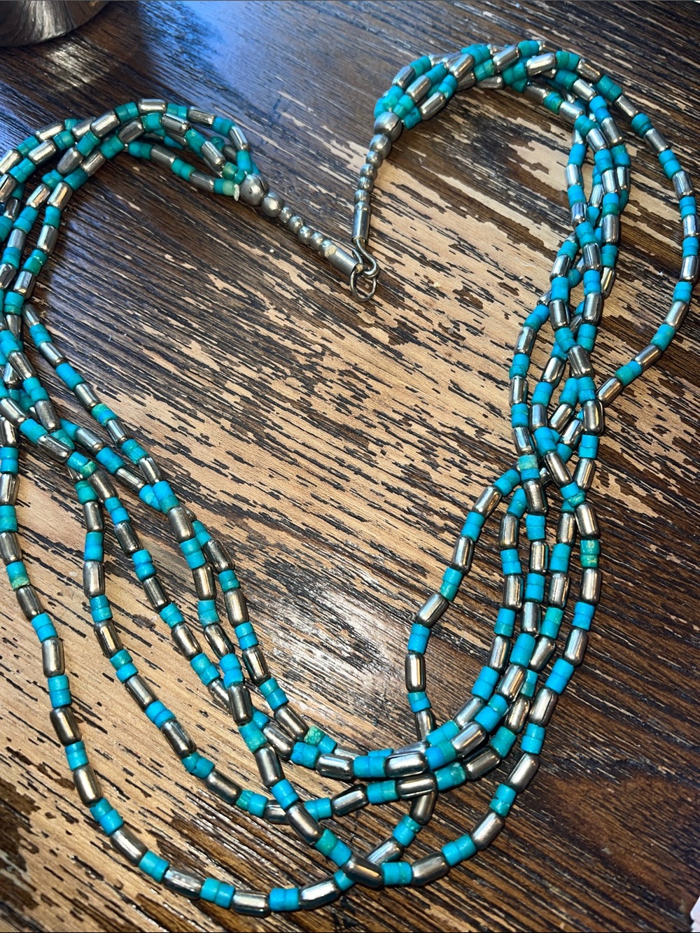 Vintage Multi Strand Native American silver tone turquoise beaded necklace